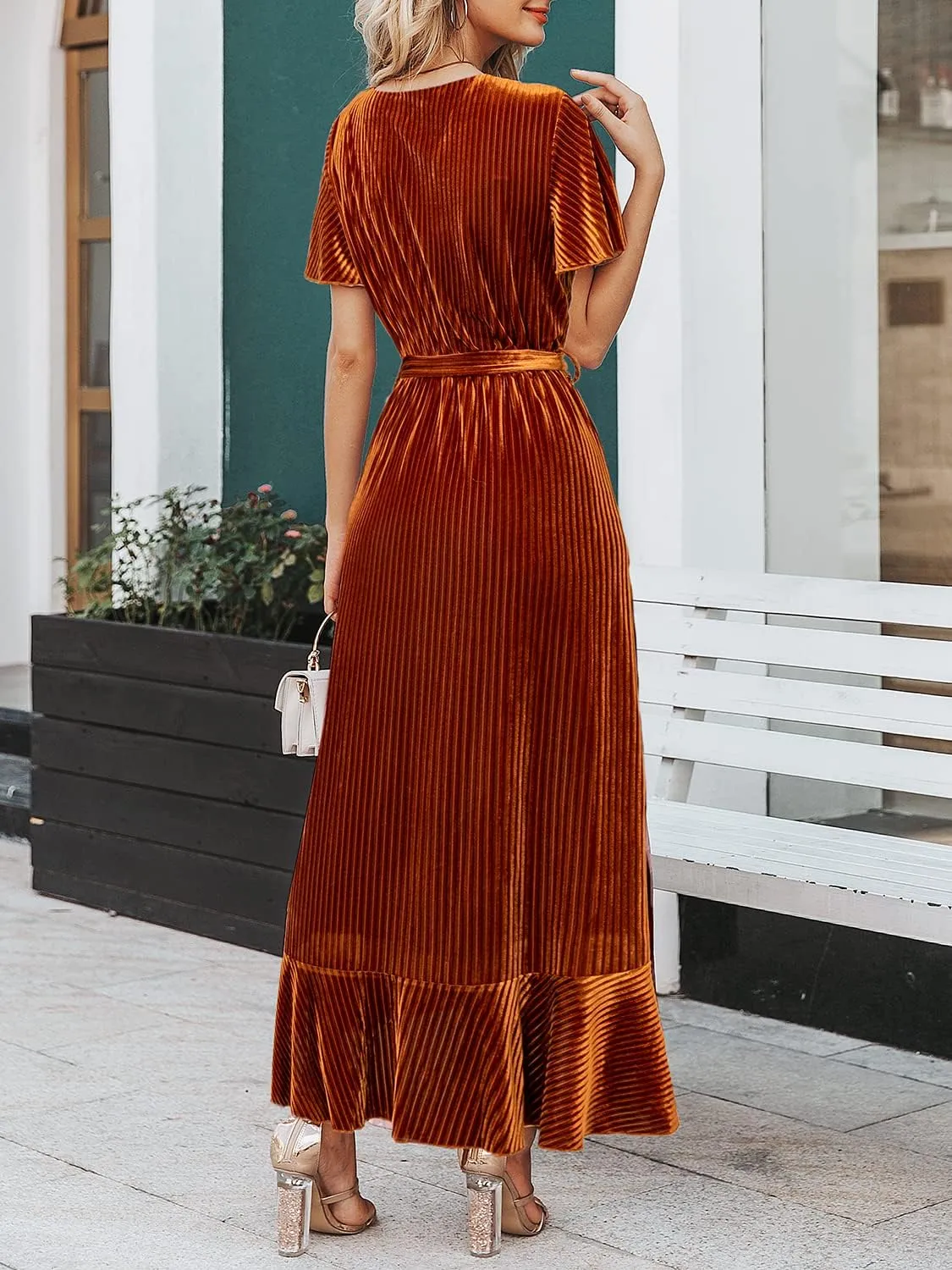 Miessial Women's Velvet Maxi Dress Retro Faux Wrap V-Neck Long Evening Dress Cocktail Party Dress