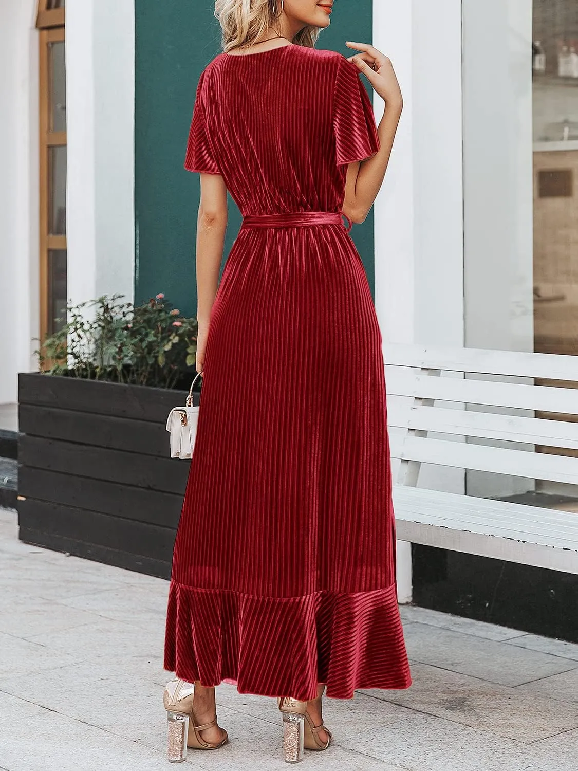 Miessial Women's Velvet Maxi Dress Retro Faux Wrap V-Neck Long Evening Dress Cocktail Party Dress