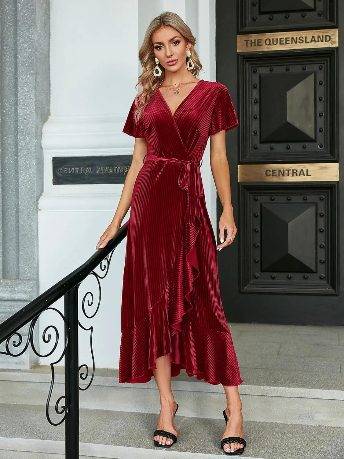 Miessial Women's Velvet Maxi Dress Retro Faux Wrap V-Neck Long Evening Dress Cocktail Party Dress