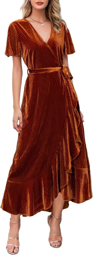 Miessial Women's Velvet Maxi Dress Retro Faux Wrap V-Neck Long Evening Dress Cocktail Party Dress