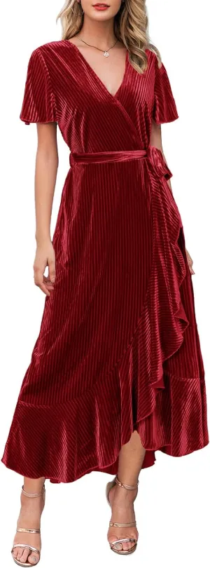Miessial Women's Velvet Maxi Dress Retro Faux Wrap V-Neck Long Evening Dress Cocktail Party Dress