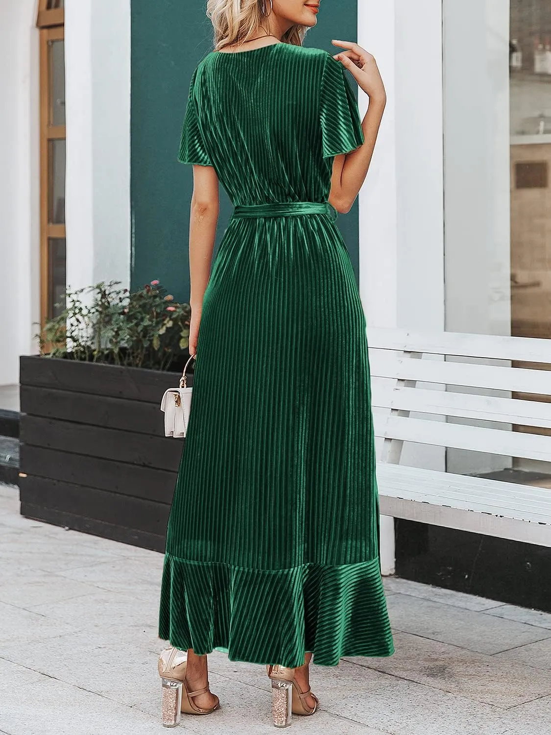 Miessial Women's Velvet Maxi Dress Retro Faux Wrap V-Neck Long Evening Dress Cocktail Party Dress