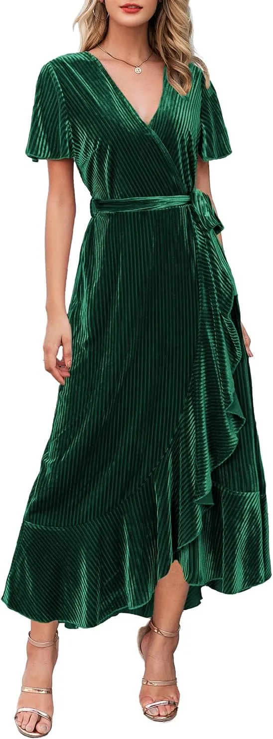 Miessial Women's Velvet Maxi Dress Retro Faux Wrap V-Neck Long Evening Dress Cocktail Party Dress