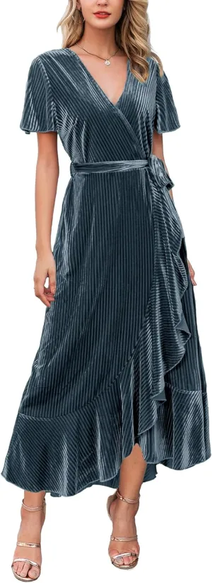 Miessial Women's Velvet Maxi Dress Retro Faux Wrap V-Neck Long Evening Dress Cocktail Party Dress