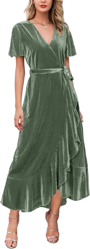 Miessial Women's Velvet Maxi Dress Retro Faux Wrap V-Neck Long Evening Dress Cocktail Party Dress