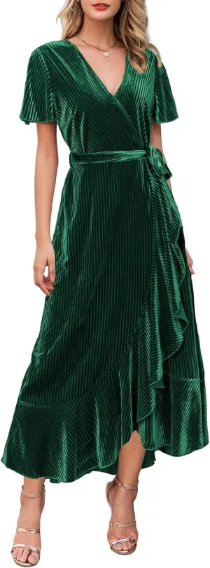 Miessial Women's Velvet Maxi Dress Retro Faux Wrap V-Neck Long Evening Dress Cocktail Party Dress