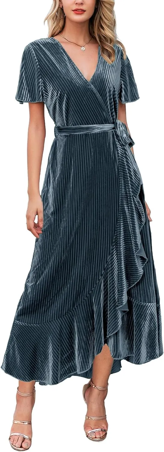 Miessial Women's Velvet Maxi Dress Retro Faux Wrap V-Neck Long Evening Dress Cocktail Party Dress