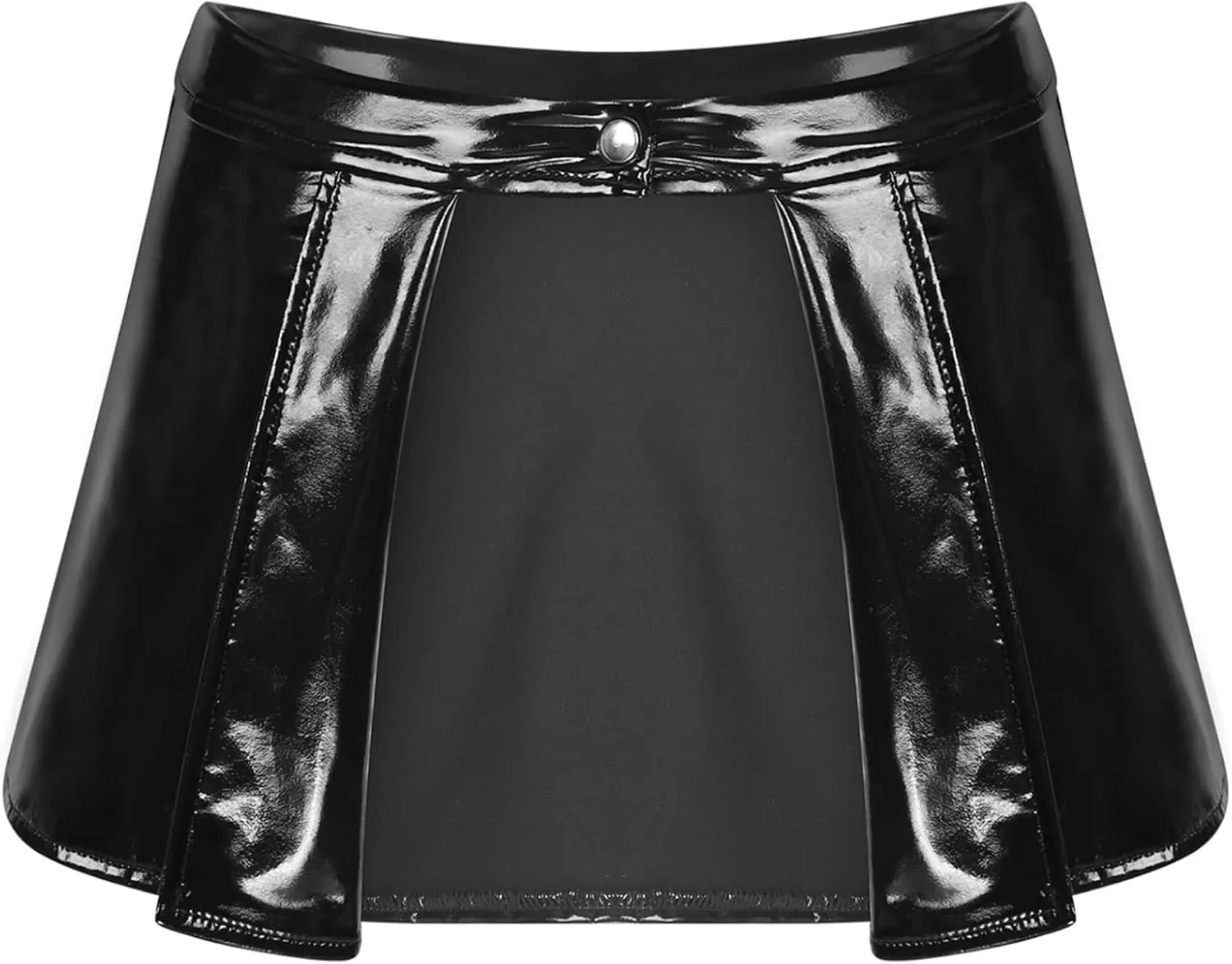 Mufeng Women's Solid Metallic Pleated Mini Skirt Open Front Patent Leather Flared A-line Shorts Dress