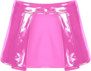 Mufeng Women's Solid Metallic Pleated Mini Skirt Open Front Patent Leather Flared A-line Shorts Dress