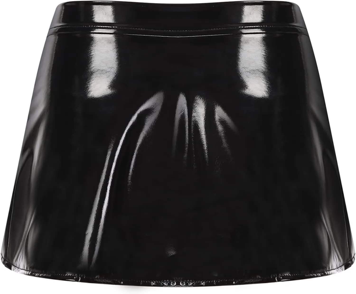 Mufeng Women's Solid Metallic Pleated Mini Skirt Open Front Patent Leather Flared A-line Shorts Dress