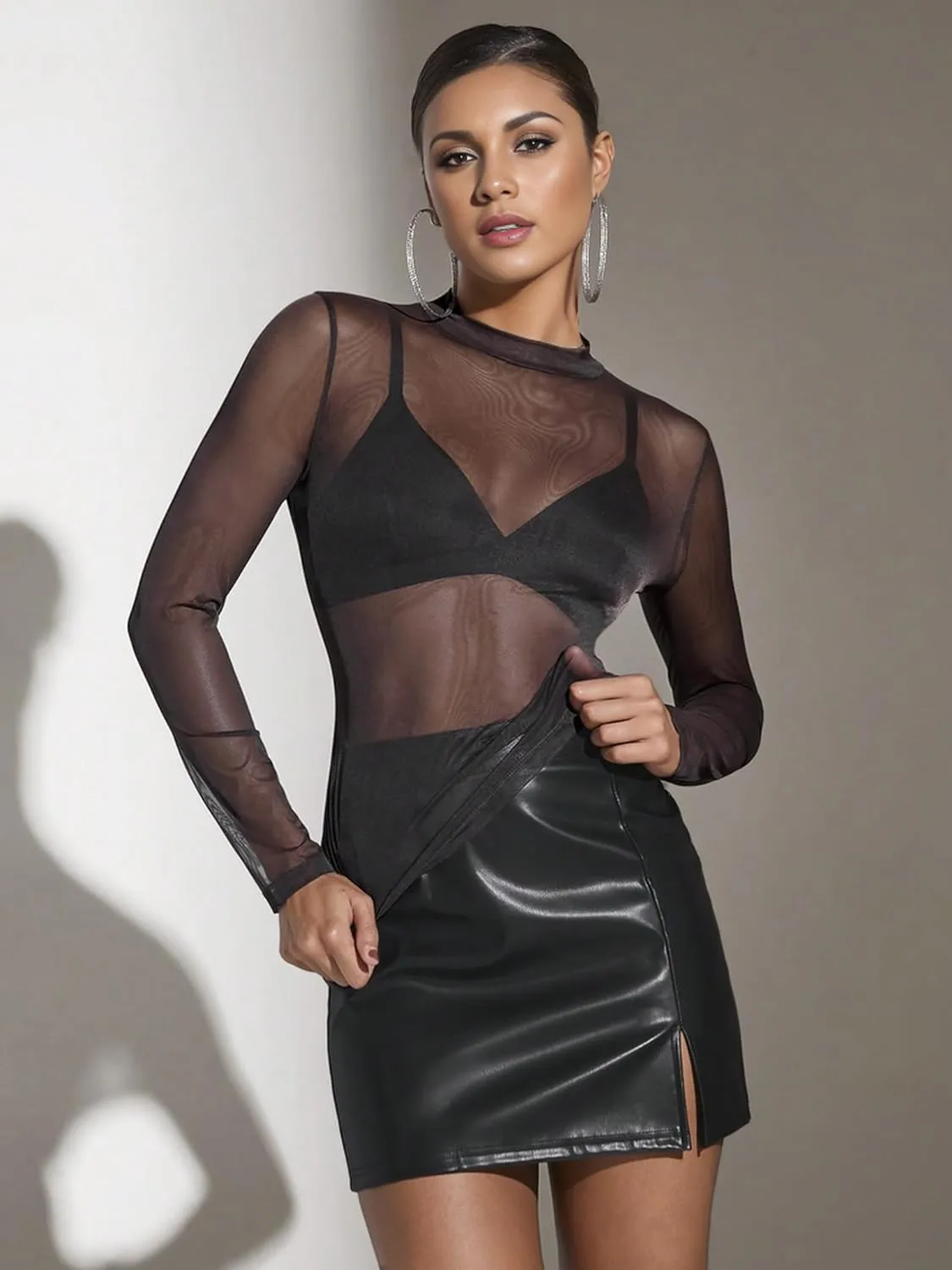 OFEEFAN Womens Long Sleeve Mesh Top See Through Mock Neck Sheer Blouses