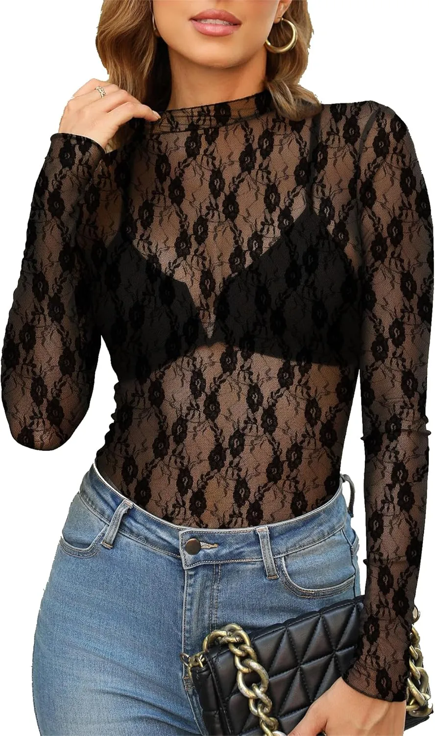 OFEEFAN Womens Long Sleeve Mesh Top See Through Mock Neck Sheer Blouses