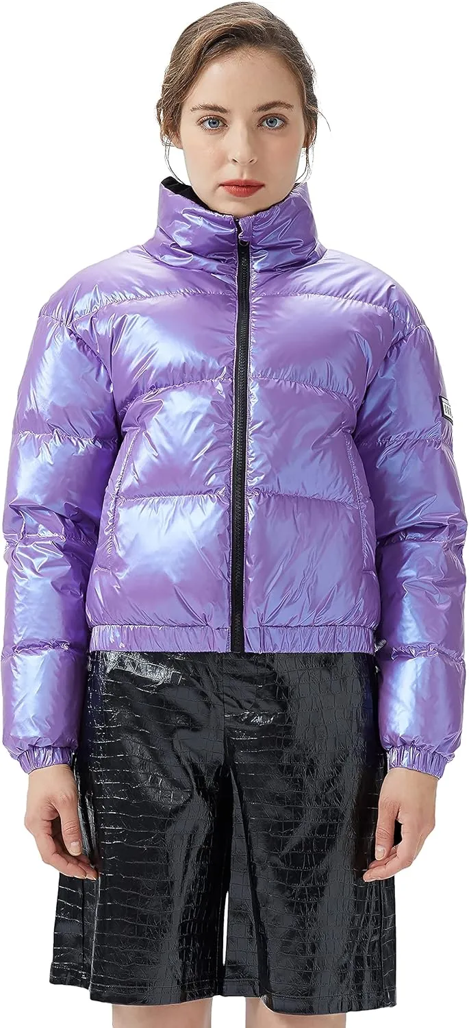 Orolay Women's Ultra Short Down Coat Glossy Puffer Petite Winter Jacket with Stand Collar