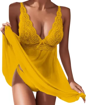 Pajamas Chemise Lingerie for Women Dress Babydoll Nightie V Neck Lace Sexy See Through Womens Exotic Lingerie Sets