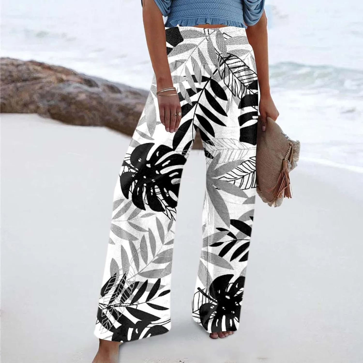 Pants Women Baggy with Tummy Control Crossover Waist and Wide Leg with Pockets-Lounge Lightweight Workout Joggers