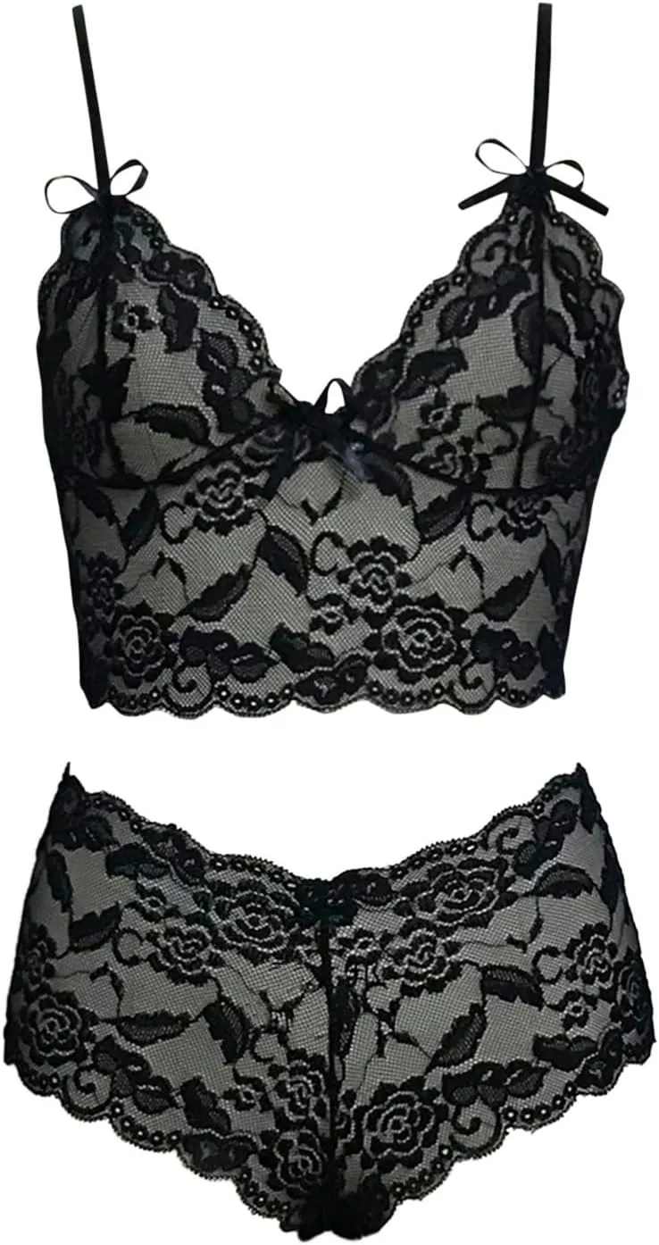 Plus Size Lingerie Set for Women Sexy Lace Halter Bralette High Waist Panty Set Lingerie Bra and Panty Set Bodysuit