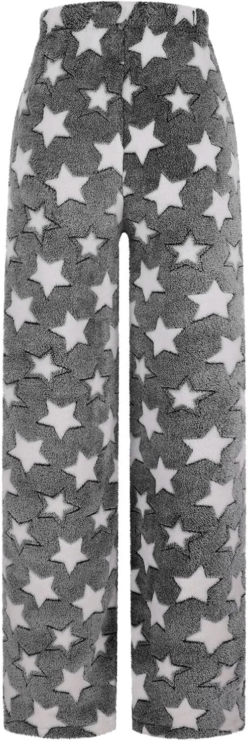 Plush Pajama Pants Women Fluffy Fleece Lounge Pants Fuzzy Warm Pj Bottoms Star Graphic Flannel Loungewear Pants