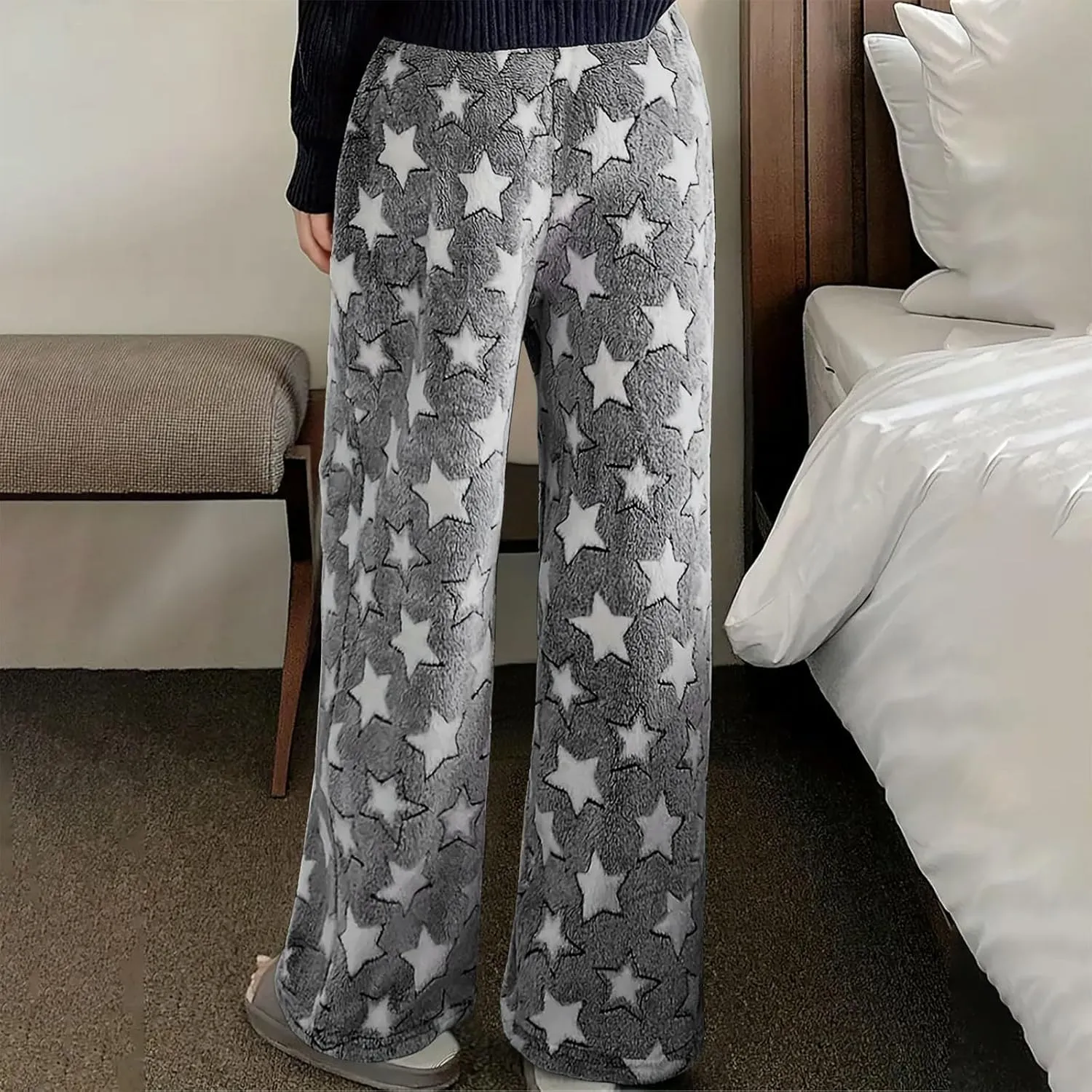 Plush Pajama Pants Women Fluffy Fleece Lounge Pants Fuzzy Warm Pj Bottoms Star Graphic Flannel Loungewear Pants