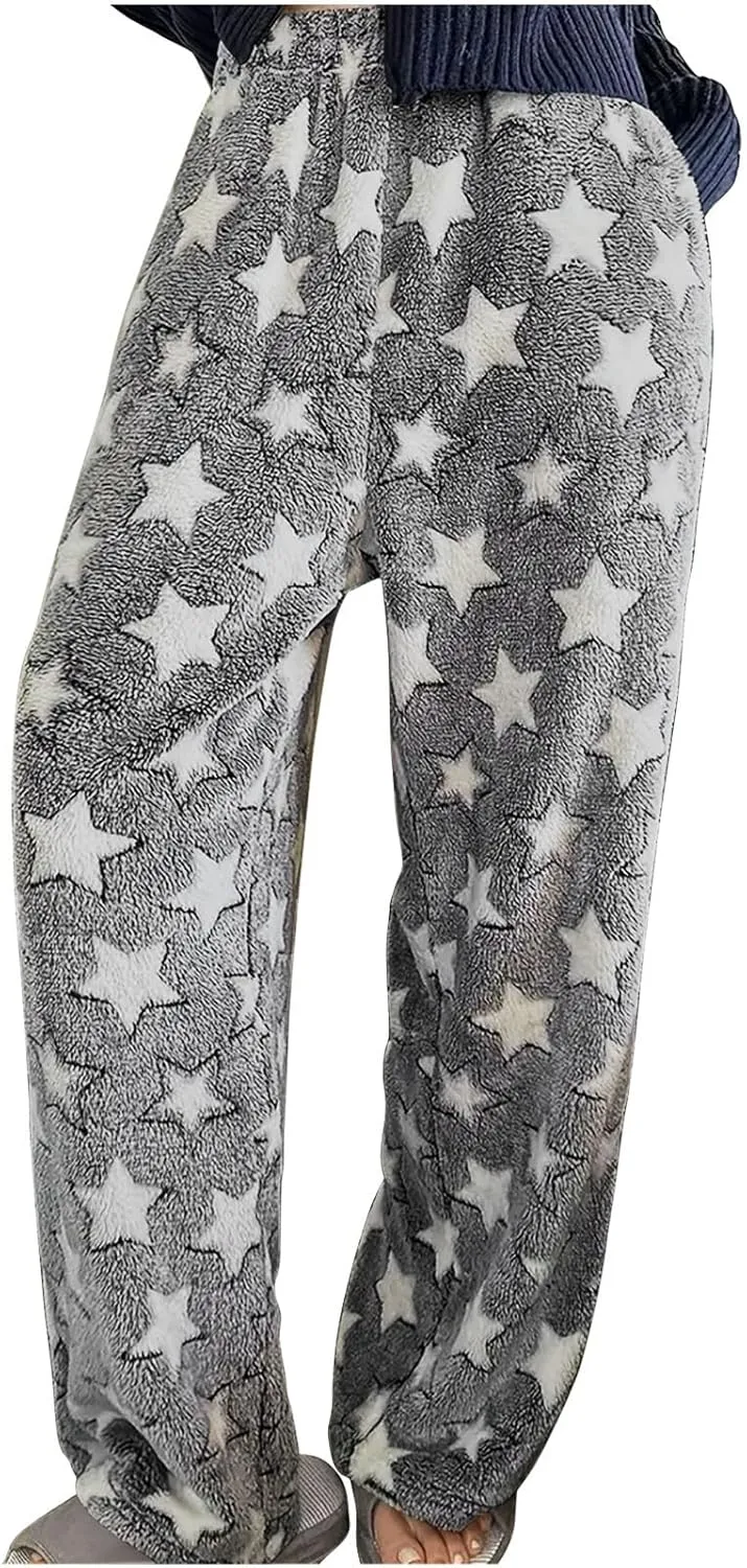 Plush Pajama Pants Women Fluffy Fleece Lounge Pants Fuzzy Warm Pj Bottoms Star Graphic Flannel Loungewear Pants