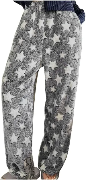 Plush Pajama Pants Women Fluffy Fleece Lounge Pants Fuzzy Warm Pj Bottoms Star Graphic Flannel Loungewear Pants