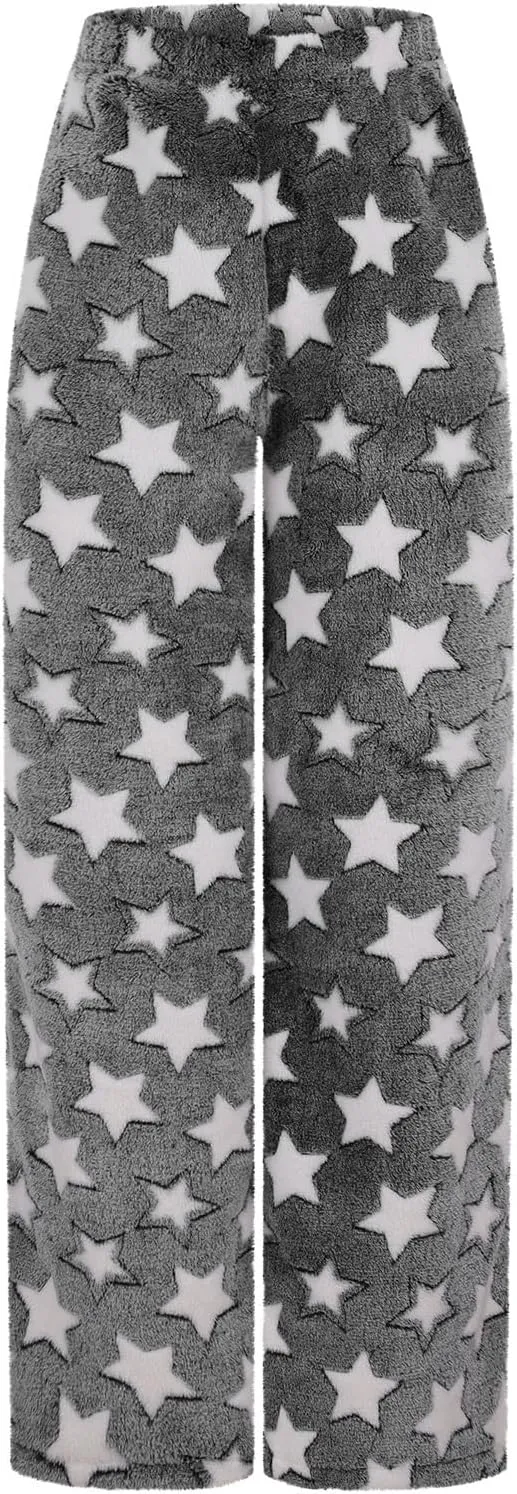 Plush Pajama Pants Women Fluffy Fleece Lounge Pants Fuzzy Warm Pj Bottoms Star Graphic Flannel Loungewear Pants