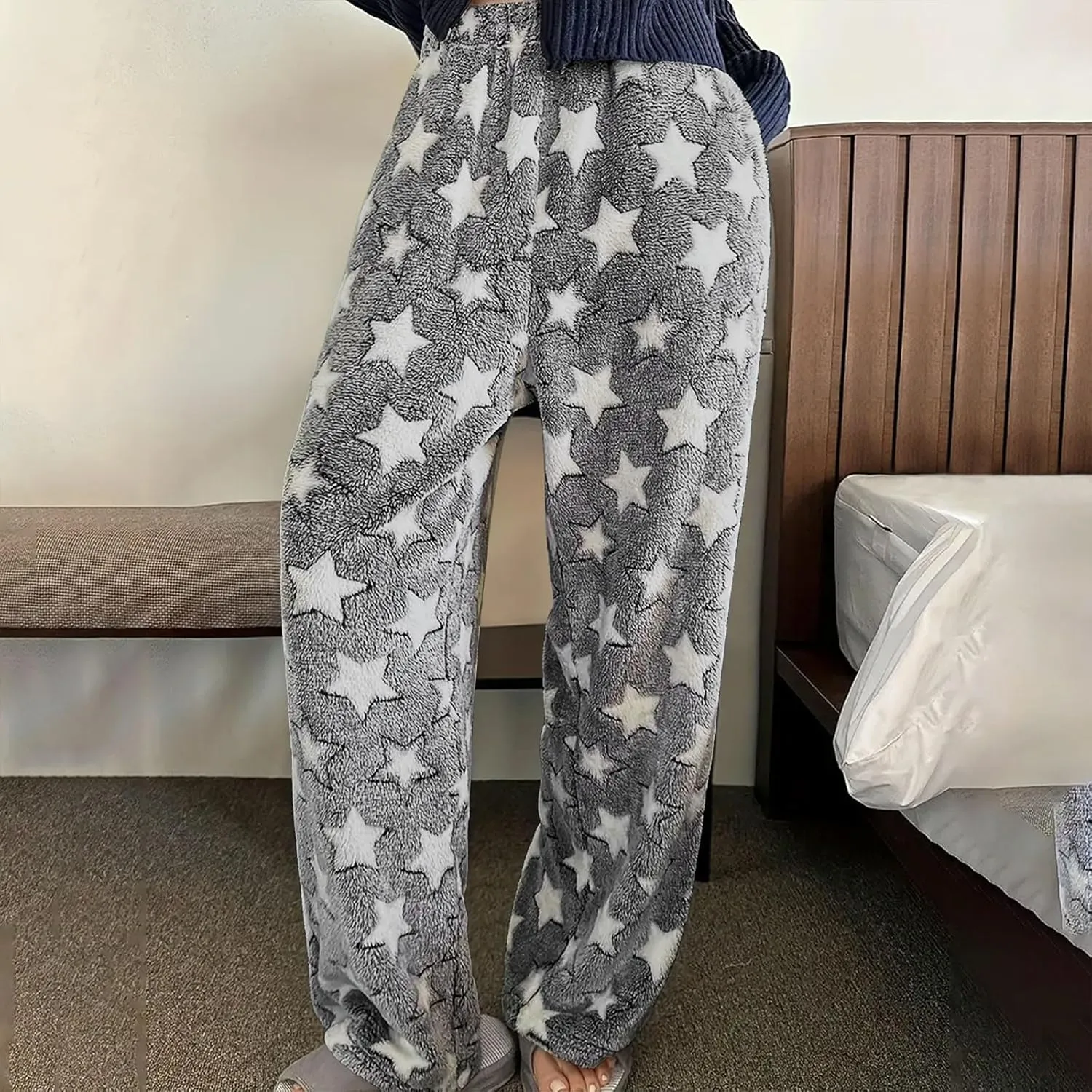 Plush Pajama Pants Women Fluffy Fleece Lounge Pants Fuzzy Warm Pj Bottoms Star Graphic Flannel Loungewear Pants