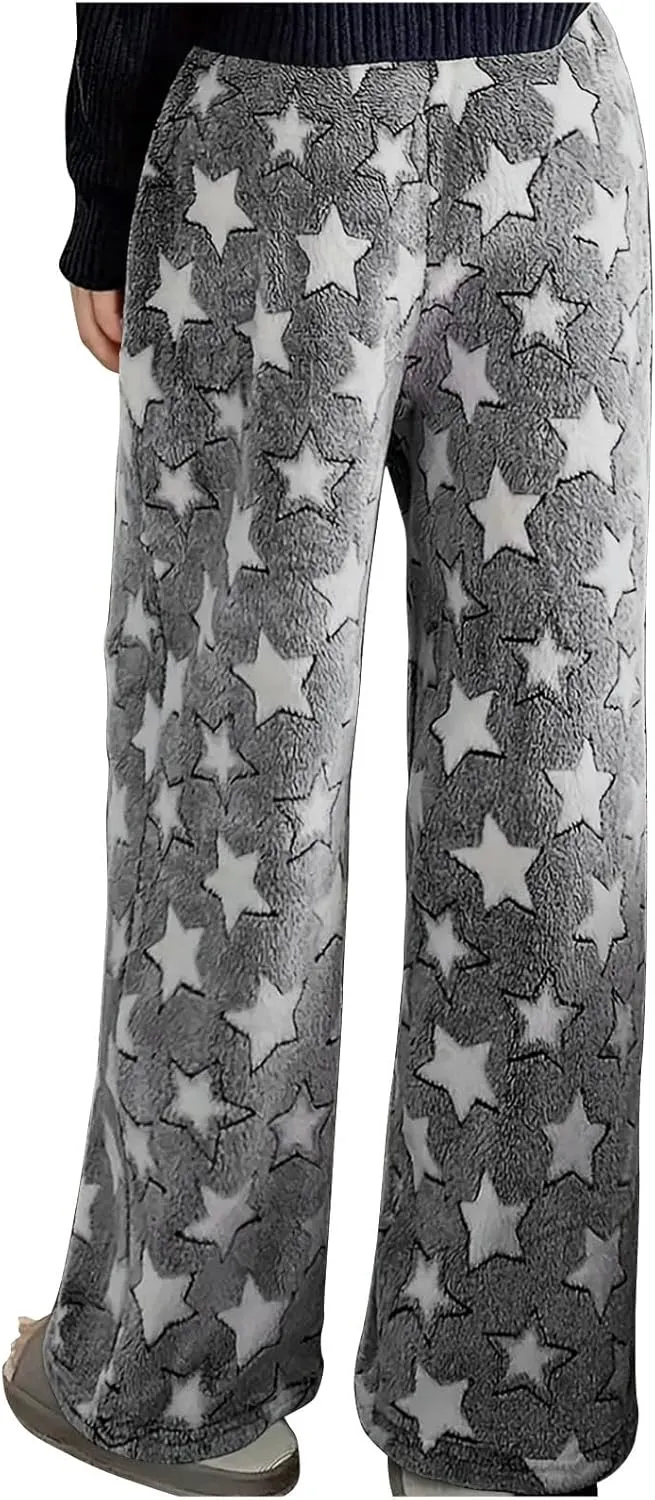 Plush Pajama Pants Women Fluffy Fleece Lounge Pants Fuzzy Warm Pj Bottoms Star Graphic Flannel Loungewear Pants