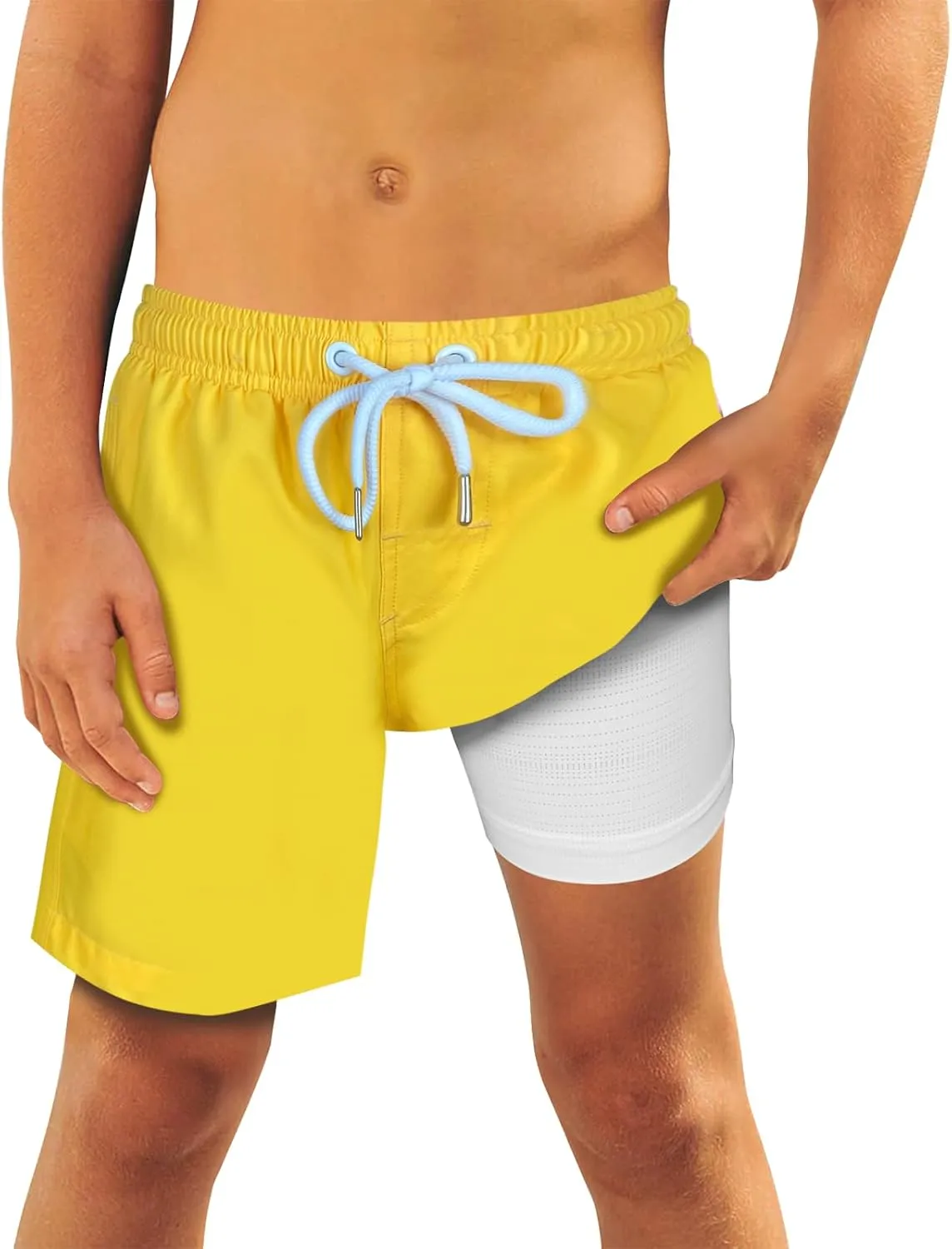 QRANSS Boys Swim Trunks with Compression Liner,No Mesh Anti-Chafing Comfy Swimming Trunks with Boxer Brief Liner,Size 6-20