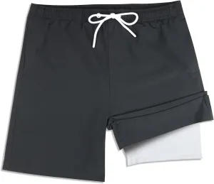 QRANSS Boys Swim Trunks with Compression Liner,No Mesh Anti-Chafing Comfy Swimming Trunks with Boxer Brief Liner,Size 6-20