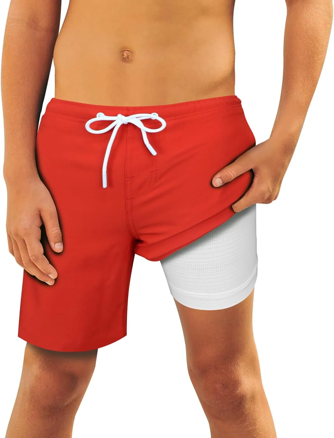QRANSS Boys Swim Trunks with Compression Liner,No Mesh Anti-Chafing Comfy Swimming Trunks with Boxer Brief Liner,Size 6-20
