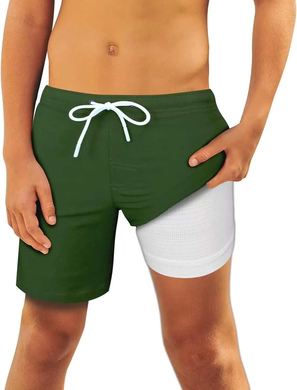 QRANSS Boys Swim Trunks with Compression Liner,No Mesh Anti-Chafing Comfy Swimming Trunks with Boxer Brief Liner,Size 6-20