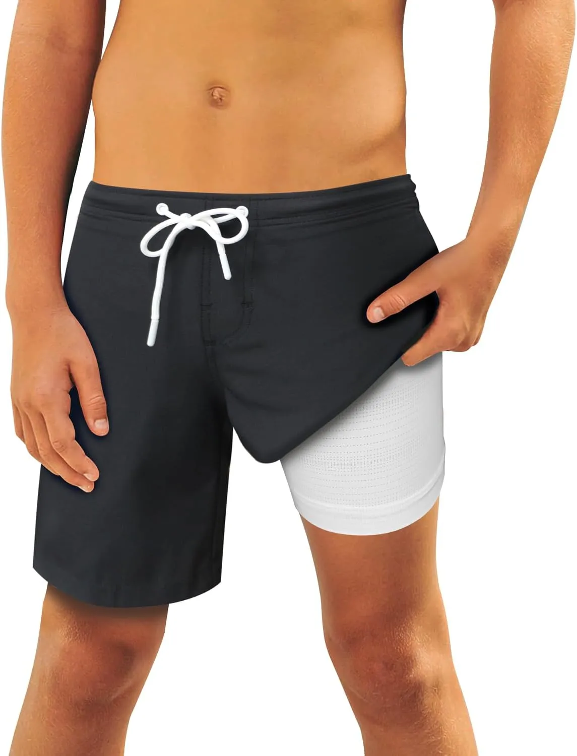 QRANSS Boys Swim Trunks with Compression Liner,No Mesh Anti-Chafing Comfy Swimming Trunks with Boxer Brief Liner,Size 6-20