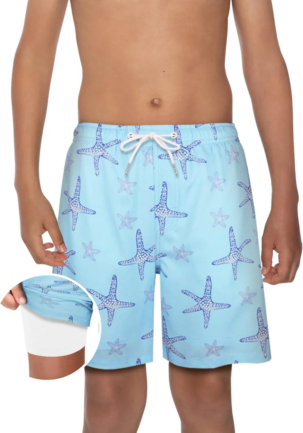 QRANSS Boys Swim Trunks with Compression Liner,No Mesh Anti-Chafing Comfy Swimming Trunks with Boxer Brief Liner,Size 6-20