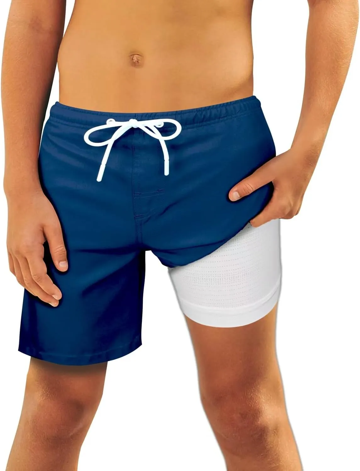 QRANSS Boys Swim Trunks with Compression Liner,No Mesh Anti-Chafing Comfy Swimming Trunks with Boxer Brief Liner,Size 6-20