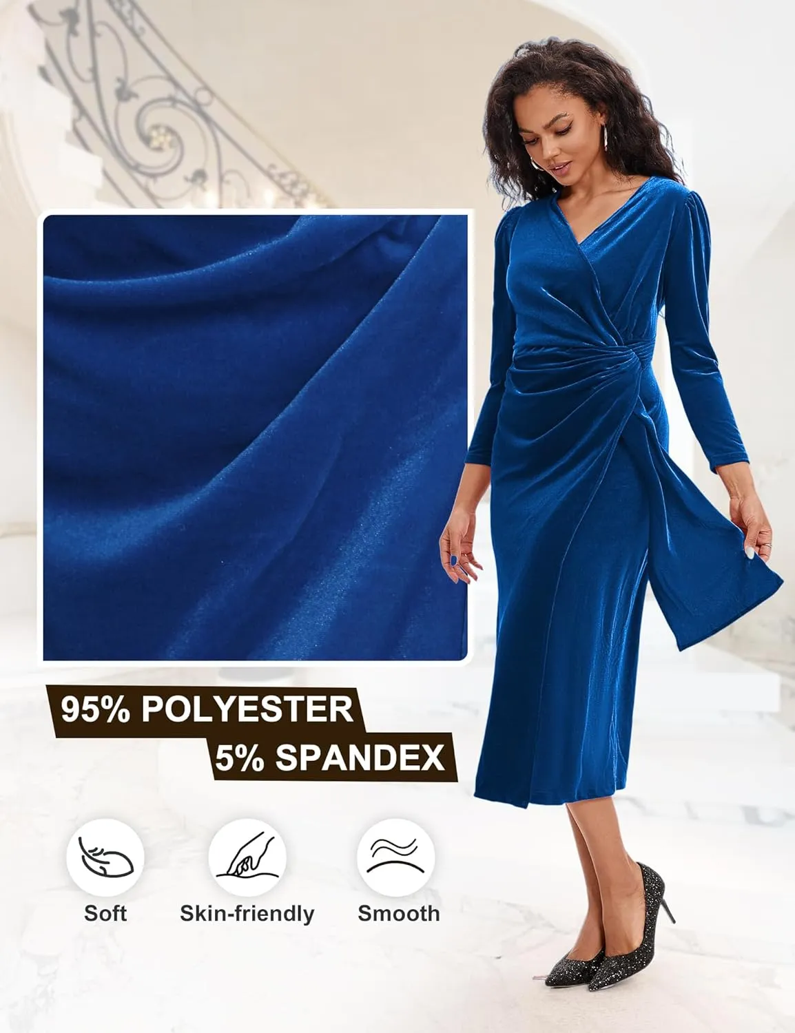 ROYAL MATRIX Women Velvet Dress Wrap V Neck Long Sleeve Maxi Dress Ruched Asymmetrical Midi Dress for Wedding Guest