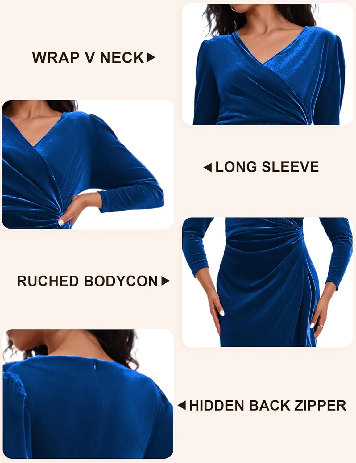 ROYAL MATRIX Women Velvet Dress Wrap V Neck Long Sleeve Maxi Dress Ruched Asymmetrical Midi Dress for Wedding Guest