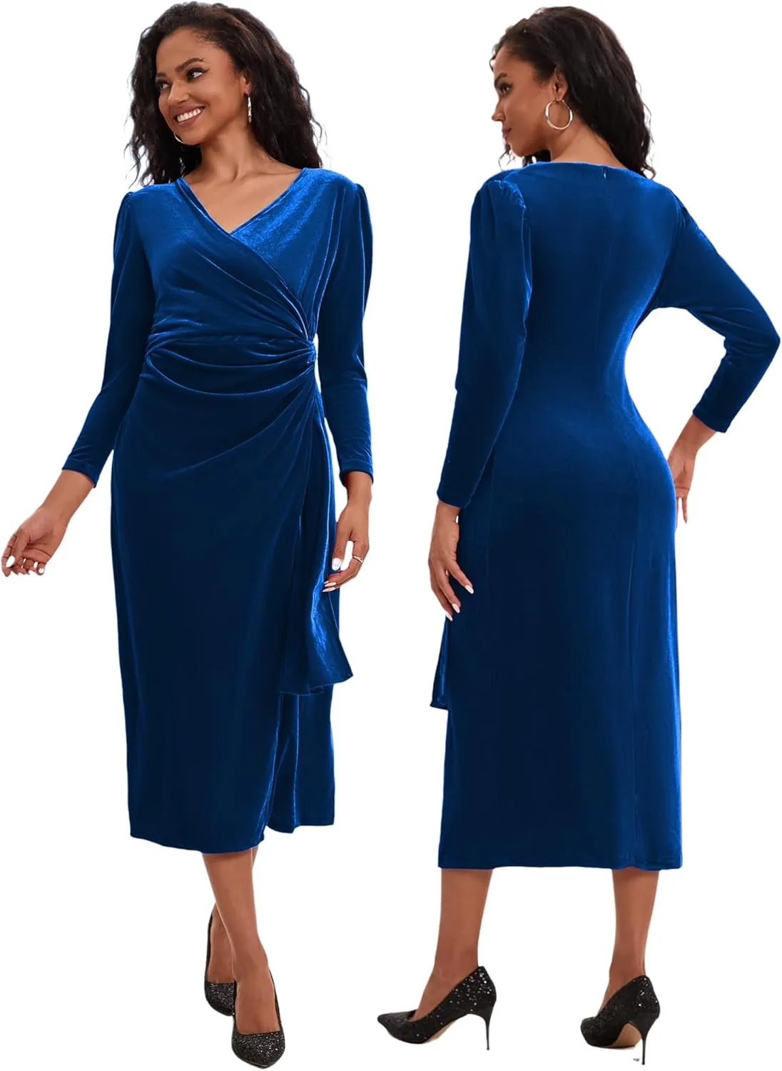 ROYAL MATRIX Women Velvet Dress Wrap V Neck Long Sleeve Maxi Dress Ruched Asymmetrical Midi Dress for Wedding Guest