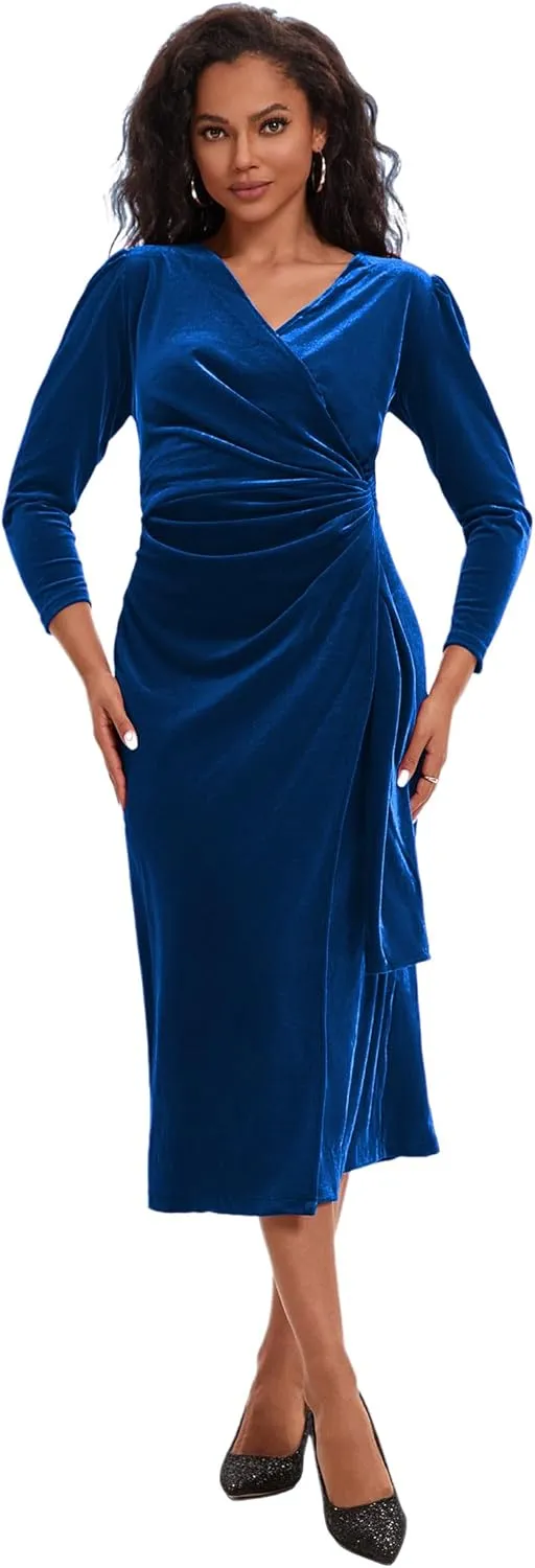 ROYAL MATRIX Women Velvet Dress Wrap V Neck Long Sleeve Maxi Dress Ruched Asymmetrical Midi Dress for Wedding Guest