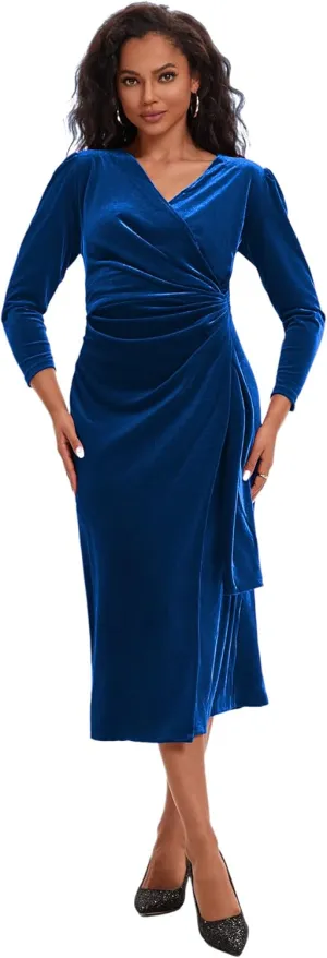 ROYAL MATRIX Women Velvet Dress Wrap V Neck Long Sleeve Maxi Dress Ruched Asymmetrical Midi Dress for Wedding Guest