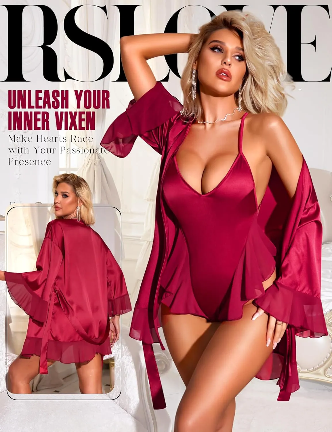 RSLOVE Women Sexy Lingerie Set - 2 Piece Lace Kimono with Teddy Lingerie Satin Robe Set Bodysuit Nightgown