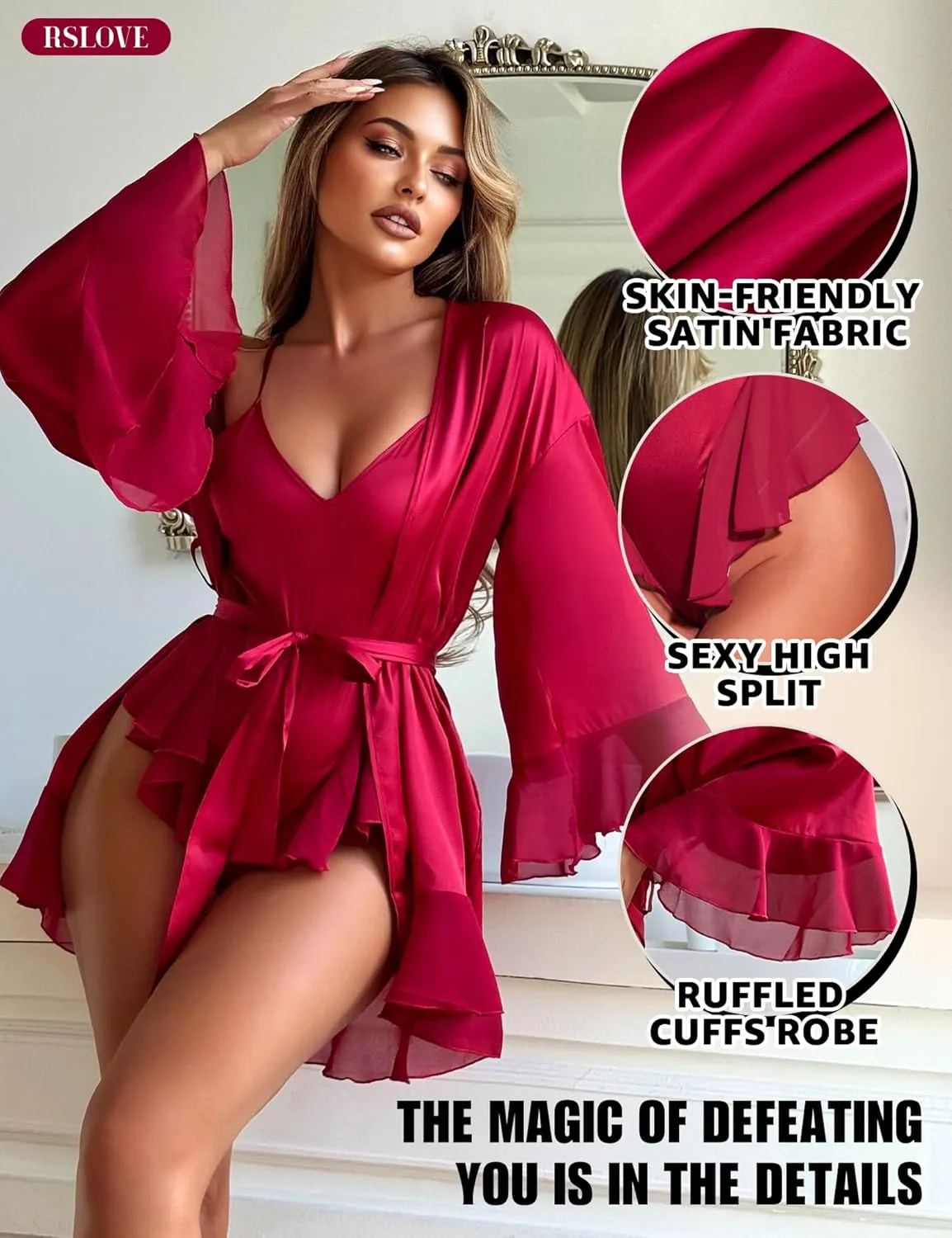 RSLOVE Women Sexy Lingerie Set - 2 Piece Lace Kimono with Teddy Lingerie Satin Robe Set Bodysuit Nightgown