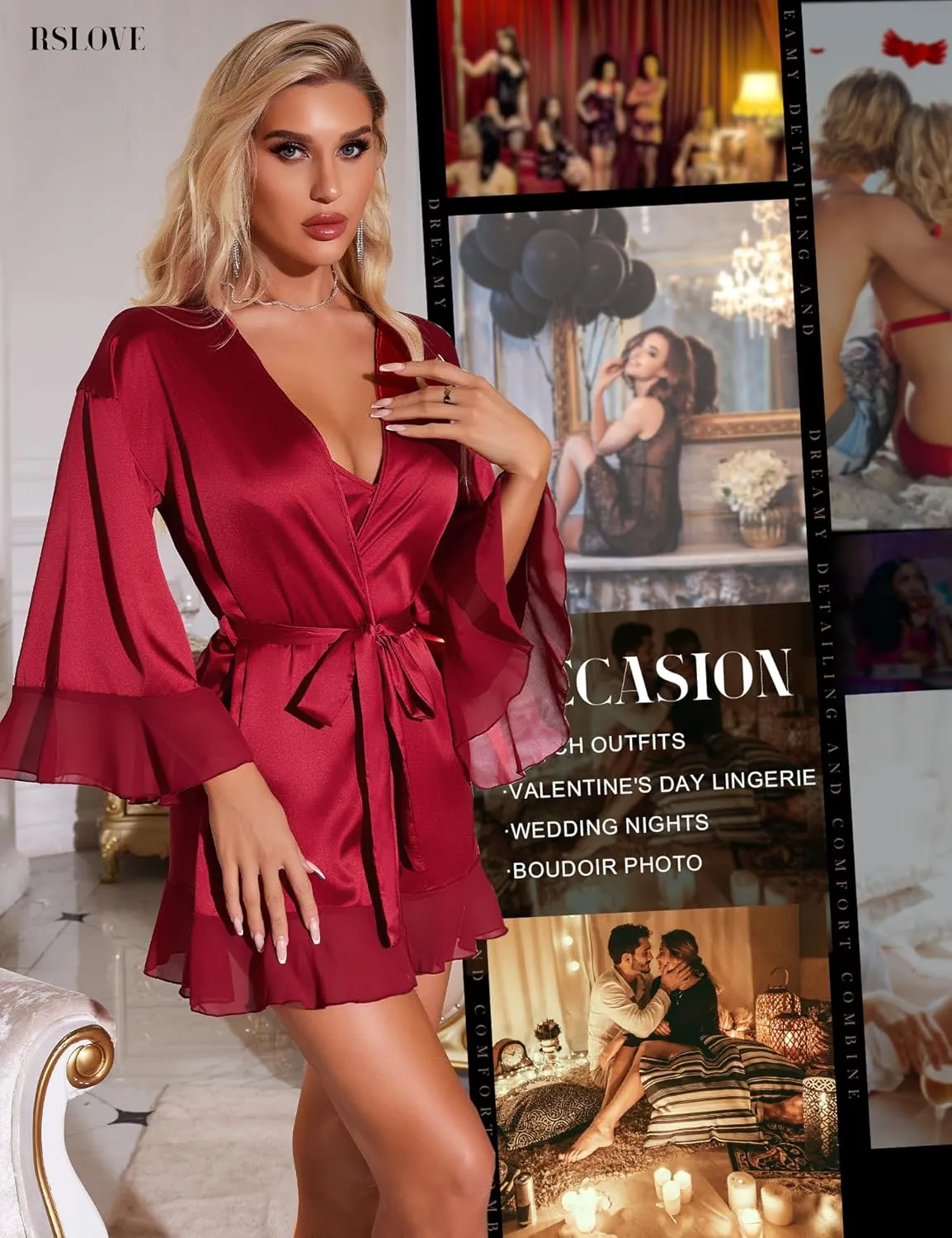 RSLOVE Women Sexy Lingerie Set - 2 Piece Lace Kimono with Teddy Lingerie Satin Robe Set Bodysuit Nightgown