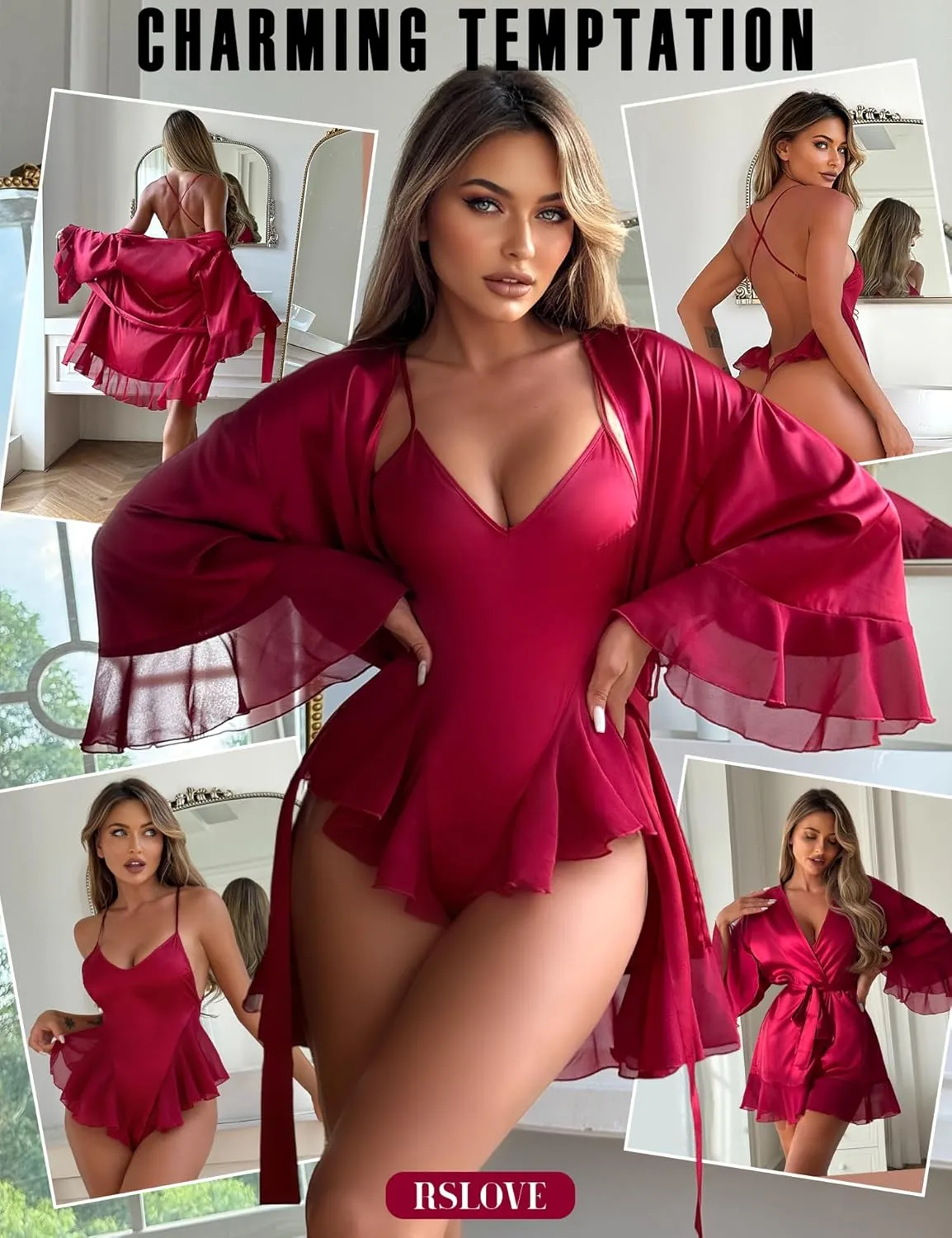 RSLOVE Women Sexy Lingerie Set - 2 Piece Lace Kimono with Teddy Lingerie Satin Robe Set Bodysuit Nightgown