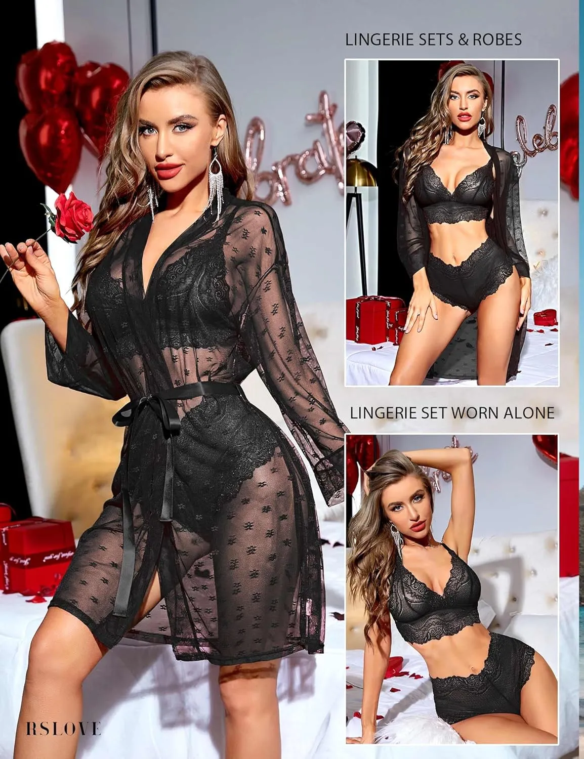 RSLOVE Women Sexy Lingerie Set 3 Piece Lace Kimono Robe with Bra and Panty Sheer Sleepwear
