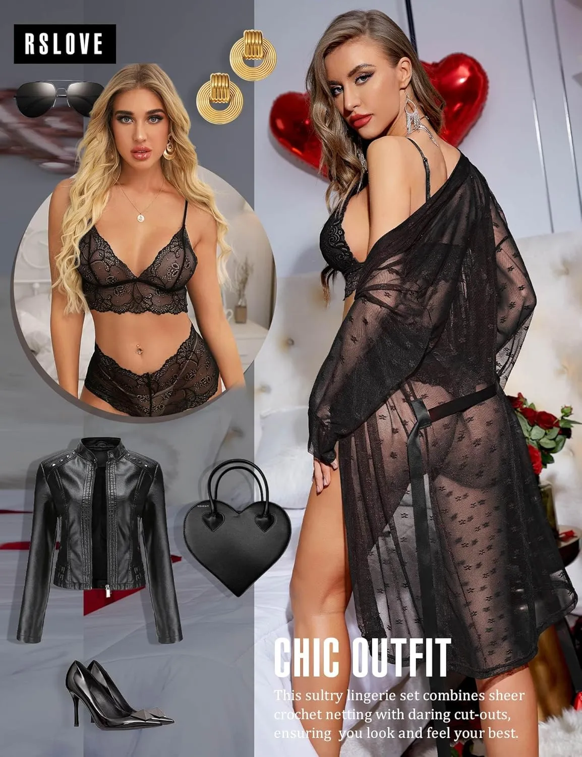 RSLOVE Women Sexy Lingerie Set 3 Piece Lace Kimono Robe with Bra and Panty Sheer Sleepwear