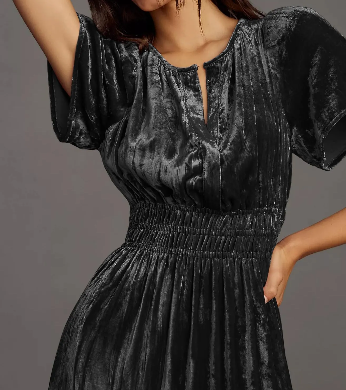 R.Vivimos Women's Fall Winter Vintage Velvet Dress Short Sleeve V Neck Elastic Waist Tiered Ruffle A-Line Flowy Maxi Dress