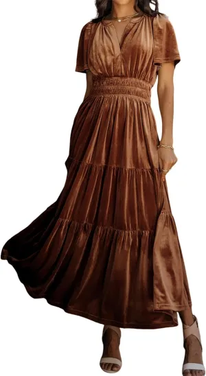 R.Vivimos Women's Fall Winter Vintage Velvet Dress Short Sleeve V Neck Elastic Waist Tiered Ruffle A-Line Flowy Maxi Dress