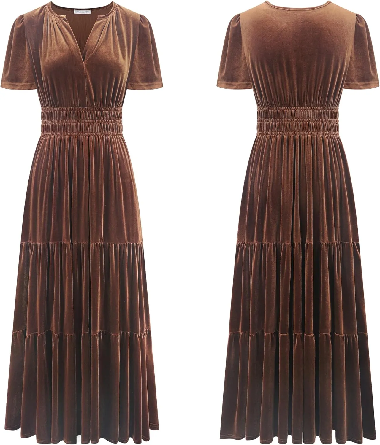 R.Vivimos Women's Fall Winter Vintage Velvet Dress Short Sleeve V Neck Elastic Waist Tiered Ruffle A-Line Flowy Maxi Dress