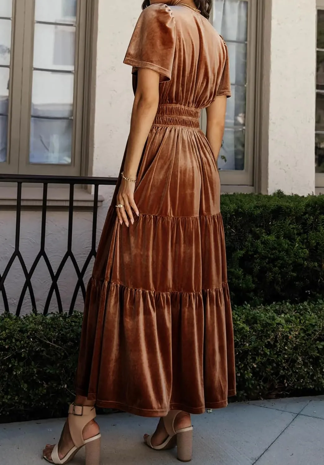 R.Vivimos Women's Fall Winter Vintage Velvet Dress Short Sleeve V Neck Elastic Waist Tiered Ruffle A-Line Flowy Maxi Dress