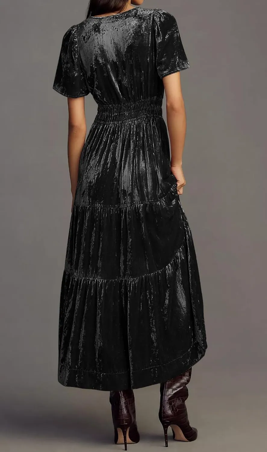 R.Vivimos Women's Fall Winter Vintage Velvet Dress Short Sleeve V Neck Elastic Waist Tiered Ruffle A-Line Flowy Maxi Dress